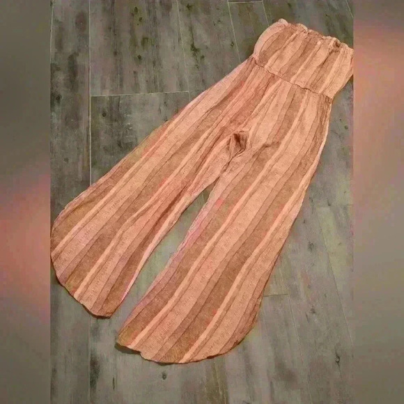 DREW Wide Split Leg Strapless Striped Linen Blend Romper - Picture 10 of 12